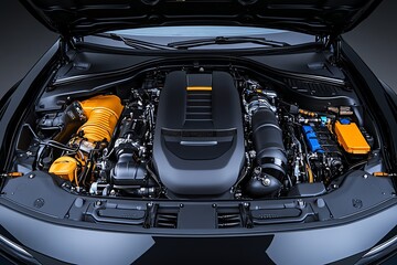 Fototapeta premium A carâ€™s engine bay, with the hood open and all the complex parts exposed, showing mechanical intricacies