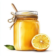 Jar of lemon jam with fresh lemon slice and green leaf on a white background.