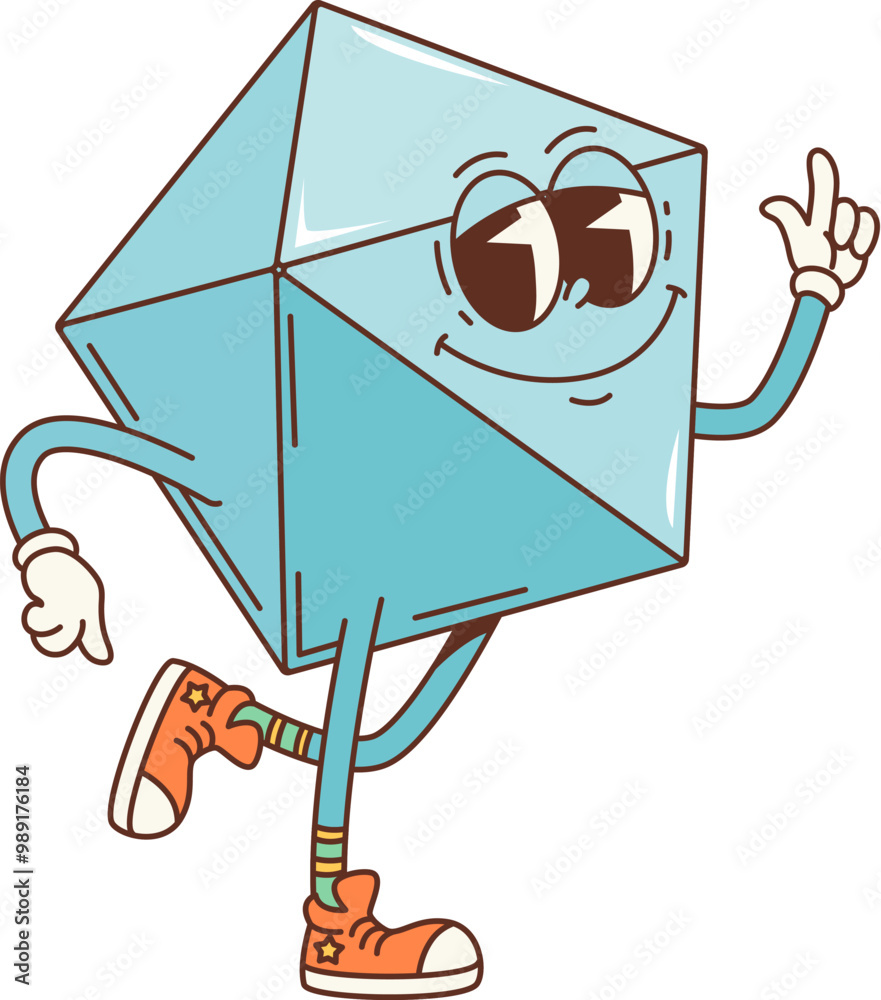 Poster groovy math geometric polyhedron figure character. isolated cartoon vector playful educational perso