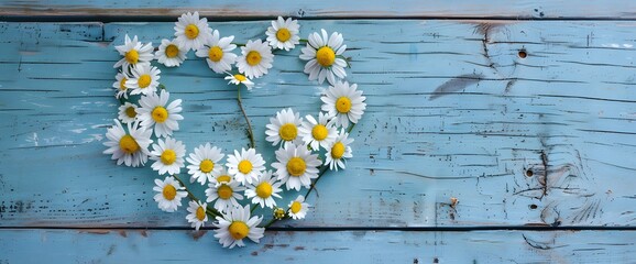 Obraz premium Daisy Heart on Blue Wooden Background