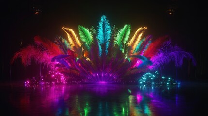 A feathered carnival headdress in neon colors, displayed under stage lights, vibrant club lighting