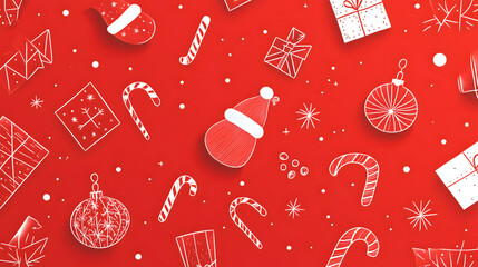 Minimalist Christmas Pattern with Ornaments and Santa Hats