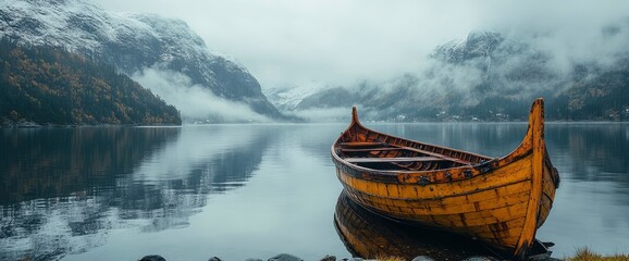 Wooden Rowboat on a Misty