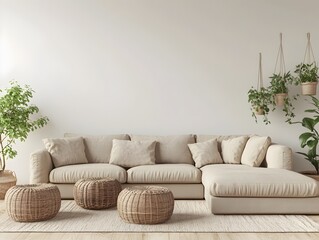 Cozy and Inviting Modern Living Room with Comfortable Sectional Sofa Minimalist Stylish Decor and Natural Elements like Wood and Greenery for a Serene and Calming Atmosphere