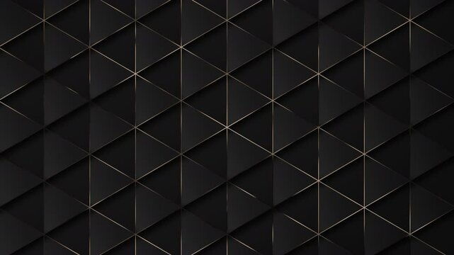 Abstract black background with gold. 4k black luxury geometric background with bronze metallic lines. Graphic ornament. Seamless looping gray black triangle pattern. Simple elegant 3d BG.