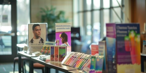 A variety of health-related brochures and flyers displayed on a table in a medical office, offering information about medical conditions,  treatments, and healthcare services