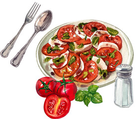caprese salad italian food, watercolor painting hand-drawn illustration