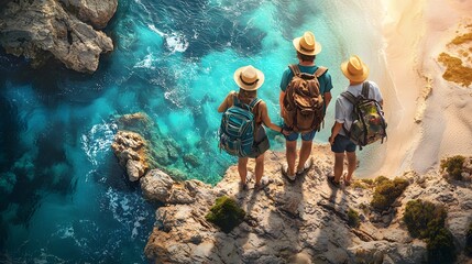 Traveler group with backpack enjoying walk. Friends traveling and enjoying aerial view on edge of hill looking at water in down. Tourists hiking outdoors. Healthy lifestyle and active summer vacation