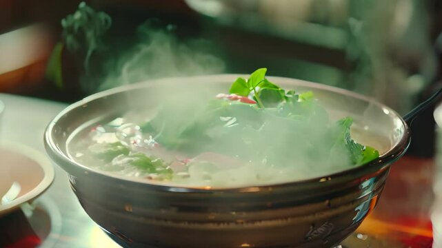 A close-up of a steaming bowl of pho, garnished with fresh herbs and chili peppers, A steaming bowl of pho with fragrant herbs and spicy chili sauce