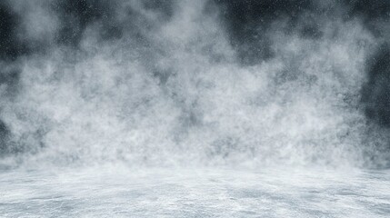 A frozen lake under a gray sky, heavy snow falling, icy wind sweeping across the barren landscape