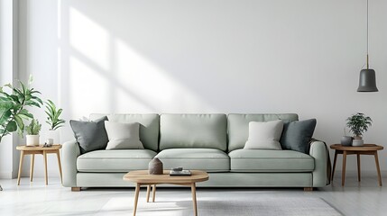 Fototapeta premium A bright and airy living room interior with a comfortable modern sofa minimalist wooden coffee table and lush potted plants creating a serene and inviting space for relaxation and leisure