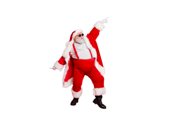 Full length photo of handsome old dabber fat funny santa claus in eyeglasses dance with his hand raised wearing style stylish trendy trousers pants isolated over red background