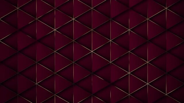 Abstract burgundy background with gold. Burgundy background. 4k luxury geometric background with brozen metallic lines. Graphic ornament. Seamless looping pattern triangles red. Simple elegant 3d BG.