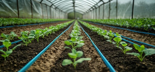 Rows of young plants growing in a greenhouse with drip irrigation system.