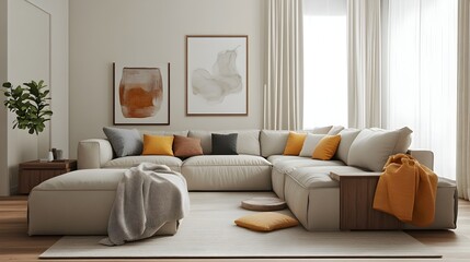 Cozy and inviting modern living room with a large comfortable sectional sofa minimalist decor and a mix of natural materials like wood and leather that create a warm earthy feel