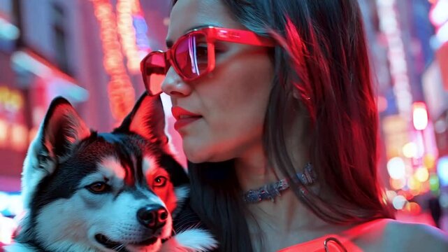 Woman with Husky Walking Through Neon-Lit City at Night