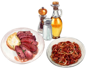 tuscan beef steak pasta bolognese italian food, watercolor painting hand-drawn illustration