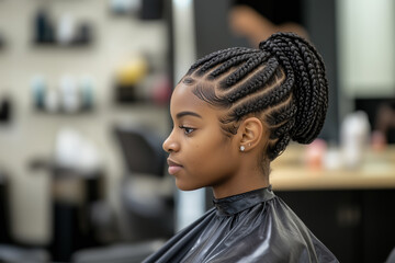 Close up skilled hairstyling of meticulously braided hair of afro American female client in the barber salon. Black healthy hair culture and Style. Stylish therapy professional care concept.