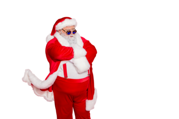 Photo of cool concentrated serious modern wearing fur cap holding arms crossed waiting for you flying coat suspenders trousers pants isolated bright background copy empty space