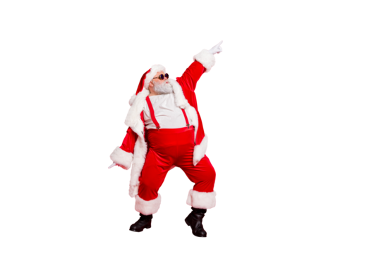 Full body photo of overweight carefree delightful ecstatic active energetic listening hip-hop music chic grandfather pointing finger up enjoying rhythm movement has big belly isolated vivid background