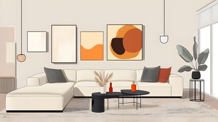 Cozy and Inviting Modern Living Room with Comfortable Sectional Sofa Minimalist Decor Mid Century Furniture and Moody Atmospheric Lighting in Digital Collage