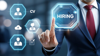 Fototapeta premium person pushing a hiring button, we are hiring, job opportuinty, job recruitment, HR, join our team