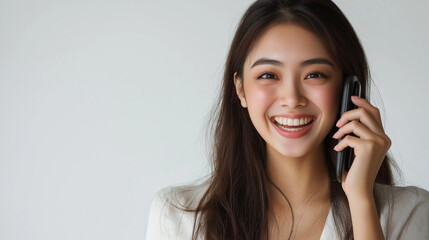 Focus on the face of beautiful woman who is happy, talking on the phone, the white background. Generative AI Illustration.