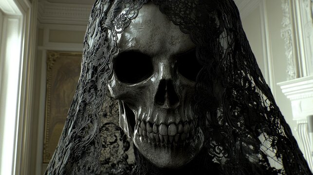 A gothic black lace veil with intricate patterns, draped over a skull, dim candlelit room