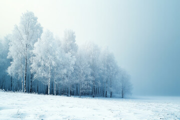 Fototapeta premium Beautiful winter landscape with trees covered in frost at the right of a foggy ground, misty morning light, serene and peaceful atmosphere, snow-covered meadow, blue sky, white color palette. 