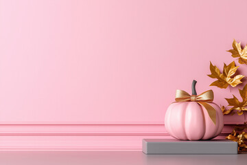 Elegant pink Halloween display with gold accents and a soft pink pumpkin adorned with a shimmering gold bow, set on a gray pedestal.
