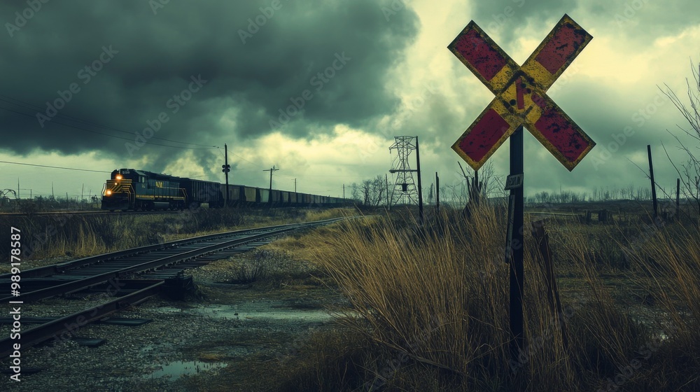 Poster a railway crossing sign with a train approaching in the distance, emphasizing the safety measures an