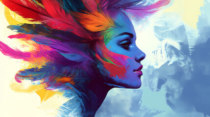 Fototapeta premium An abstract portrait of a woman with vibrant feathers in her hair, blending natural and surreal elements to create a captivating visual. Surreal Portrait. Illustration