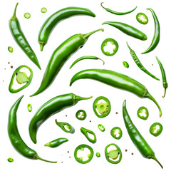 Green chili chilli chilies pepper fruit vegetable, many angles view side top front group slice cut isolated on transparent or white background