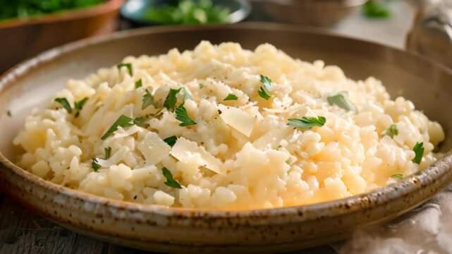 A close-up of a plate of creamy risotto topped with shaved Parmesan cheese and fresh parsley, A steaming plate of creamy risotto topped with shaved parmesan