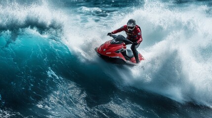 A professional jet ski racer performing a jump over a wave during a competition, capturing the skill and adrenaline of extreme water sports.