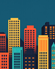 Colorful skyline illustration with modern buildings on a dark background.