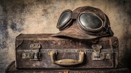 A leather aviator cap with goggles, resting on a vintage suitcase, soft sepia-toned lighting