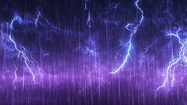 A lightning storm over an open field, bright strikes illuminating the night, heavy rain cascading down