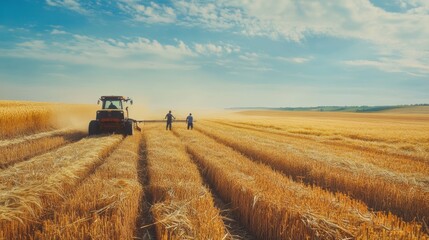 Fototapeta premium Farmers diligently harvesting golden wheat in a vast, sunlit field during the autumn season
