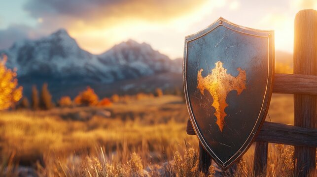 A medieval jousting shield with battle marks, leaning against a wooden fence, warm sunset light