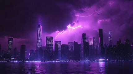 Fototapeta premium Lightning storm over city in purple light