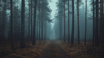 Obraz premium A misty forest path lined with tall pine trees, fog drifting between the trunks, soft ambient light