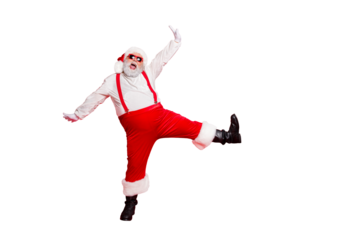 Full size photo of cheerful fat overweight style stylish trendy santa claus with big funny belly shout raise hands legs dance wearing trousers pants eyewear eyeglasses isolated over red background