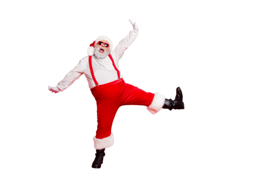 Full size photo of cheerful fat overweight style stylish trendy santa claus with big funny belly shout raise hands legs dance wearing trousers pants eyewear eyeglasses isolated over red background