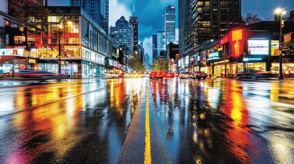 Obraz premium A modern city street at night, neon signs reflecting off the wet pavement, cars and people moving through the scene