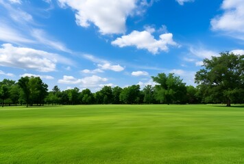 Expansive Green Lawn With Trees & Blue Sky