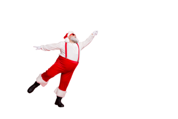 Full length size photo of nice light like a feather or ballerina wearing suspenders trousers white sweater black shoes holding hand up catching time to fly away noel isolated bright background