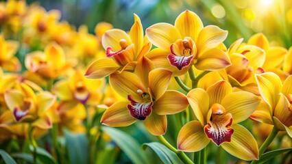 Fototapeta premium Closeup of vibrant yellow Cymbidium boat orchid flowers in a tranquil orchid garden setting