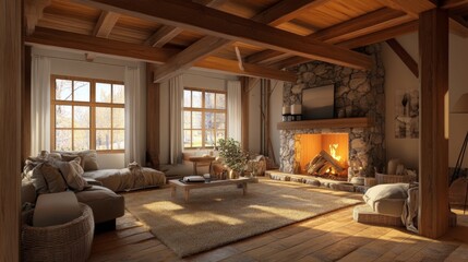 A rustic living room with wooden beams and a cozy layout, featuring a stone fireplace, comfortable seating, and warm lighting that invites relaxation.