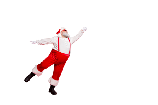 Full length size photo of nice light like a feather or ballerina wearing suspenders trousers white sweater black shoes holding hand up catching time to fly away noel isolated bright background